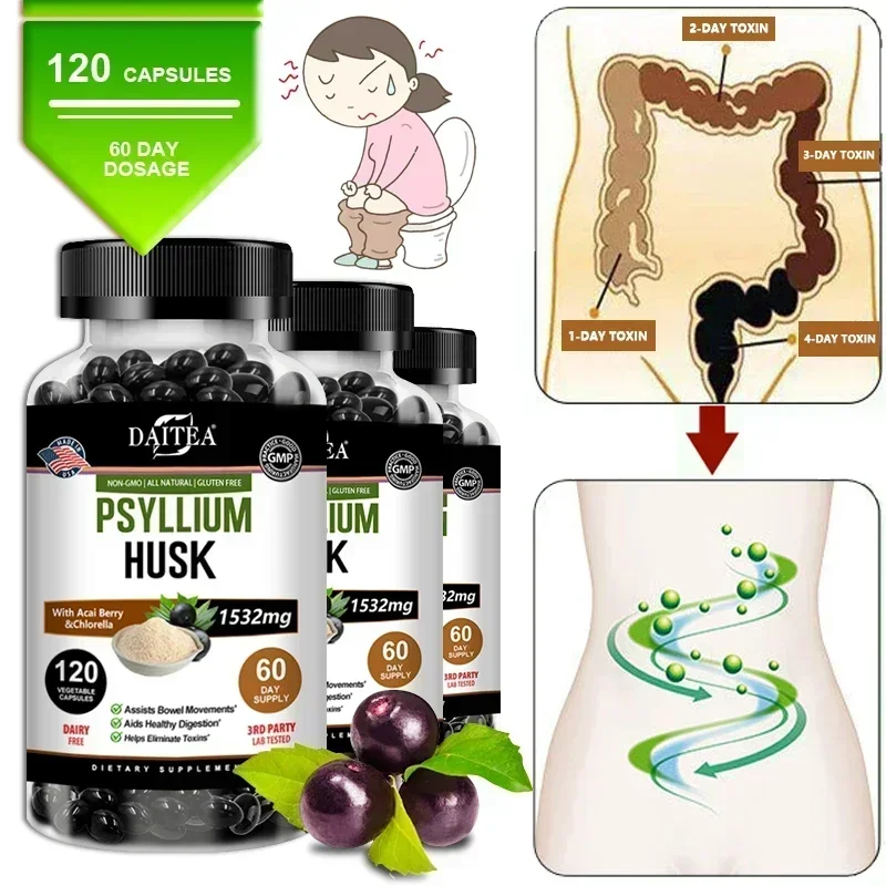 Psyllium Husk Capsules 1532 Mg Natural Soluble Fiber for Intestinal Health