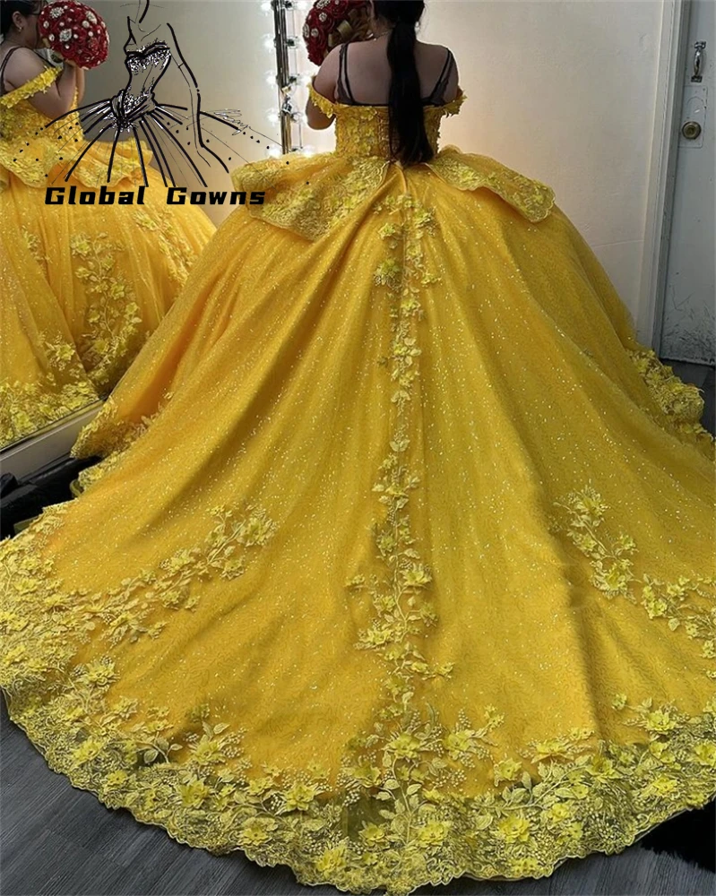 

Mexico Yellow Off The Shoulder Ball Gown Quinceanera Dress Beaded Appliques Tiered Birthday Party Gowns Sweet 16 15 Robe De Bal