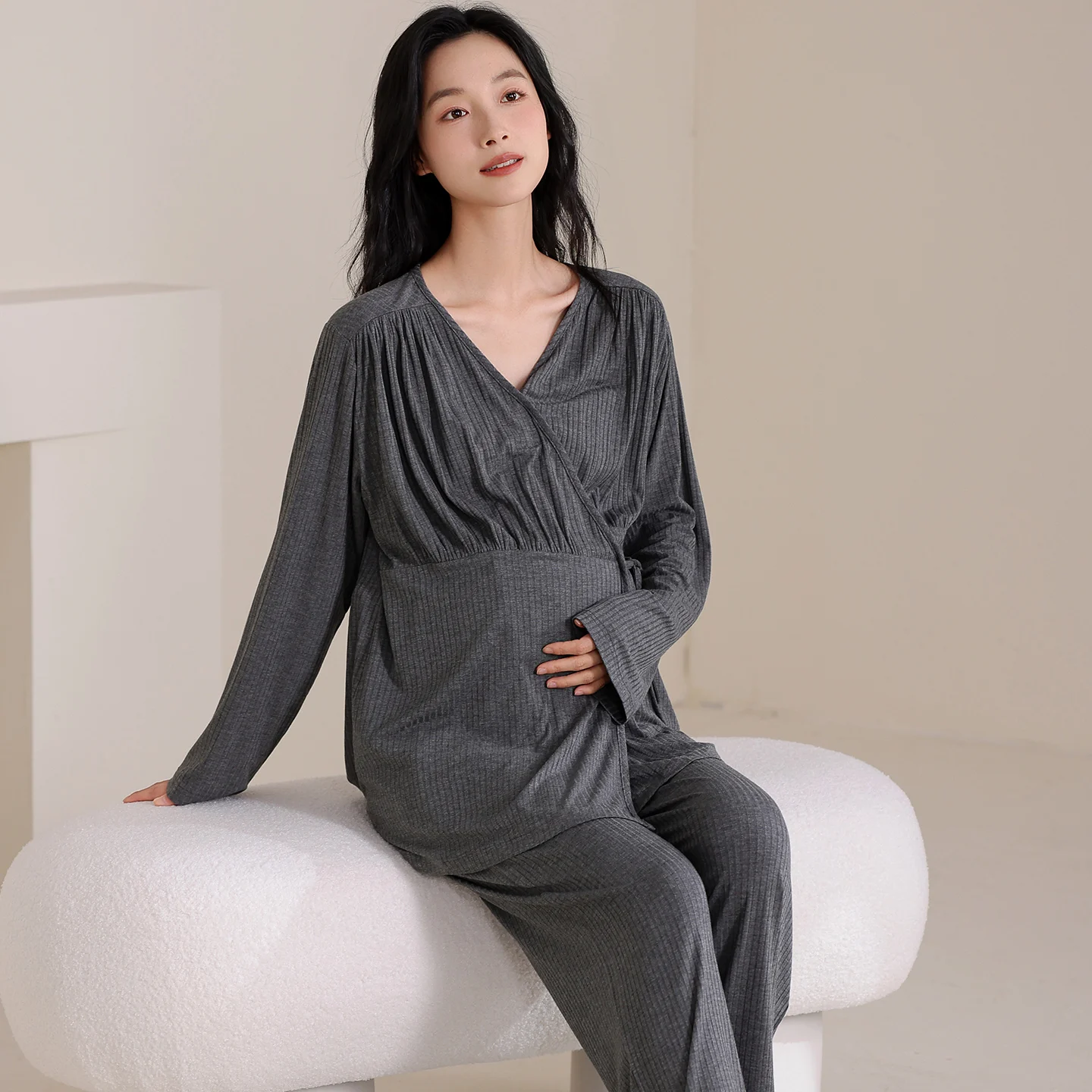 Autumn Maternity 100% Cotton Pajamas Set Breastfeeding Friendly Solid Color Postpartum Woman Nursing Shirts Long Pants Twinset - Image 2