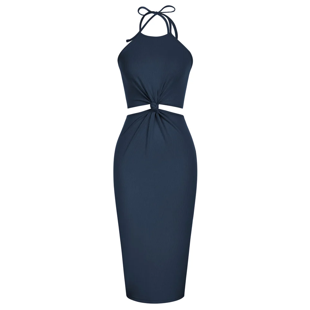 

KK Women Cut-out Waist Halterneck Dress Knotted Front Bodycon Dress