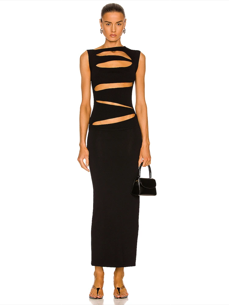 

2023 New Fashion Women's Sleeveless Sexy Hollow out Round Neck Tight Bandage Long Dress Elegant Celebrity Party Dress
