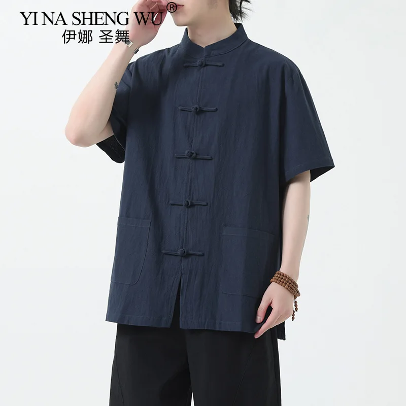 Summer Chinese Style Men's New Chinese Style Cotton and Linen Shirt Tang Suit Short-sleeved Retro Stand-up Collar Buttoned Shirt
