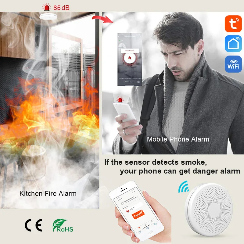 2 w 1 wersja WiFi Tuya Smart Co & czujnik dymu z alarmem salon tlenek węgla kuchnia sklep pożar PIR czujnik dźwięku Alert
