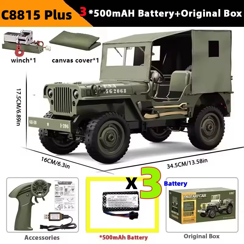 JJRC C8815 RC카 1941 지프 윌리스 2.4g 4륜구동 RTR 크롤러 등반 스케일 군용 트럭 오프로드 차량 C8815 자동차 선물