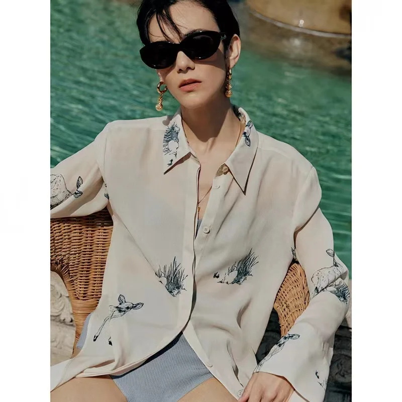 

Korean Niche LowCl@ssic Shirt Female designer fawn pattern long sleeves loose Print Shirt single-breasted
