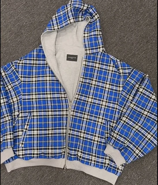 90s Lined Blue Check Hoodie Kawaii Gothic Harajuku Streetwear Loose Fit Cotton Pullover Double Face Long Sleeve Sweatshirt 2