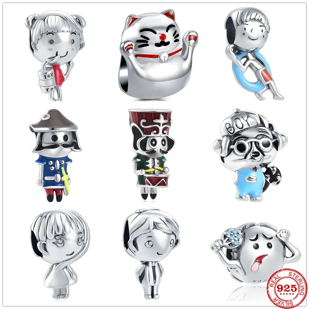 

New 925 Sterling Silver Beads Soldier Cat Juice Girl Surfing Boy Charm fit Original Pandora charms Silver 925 Bracelet DIY Gift