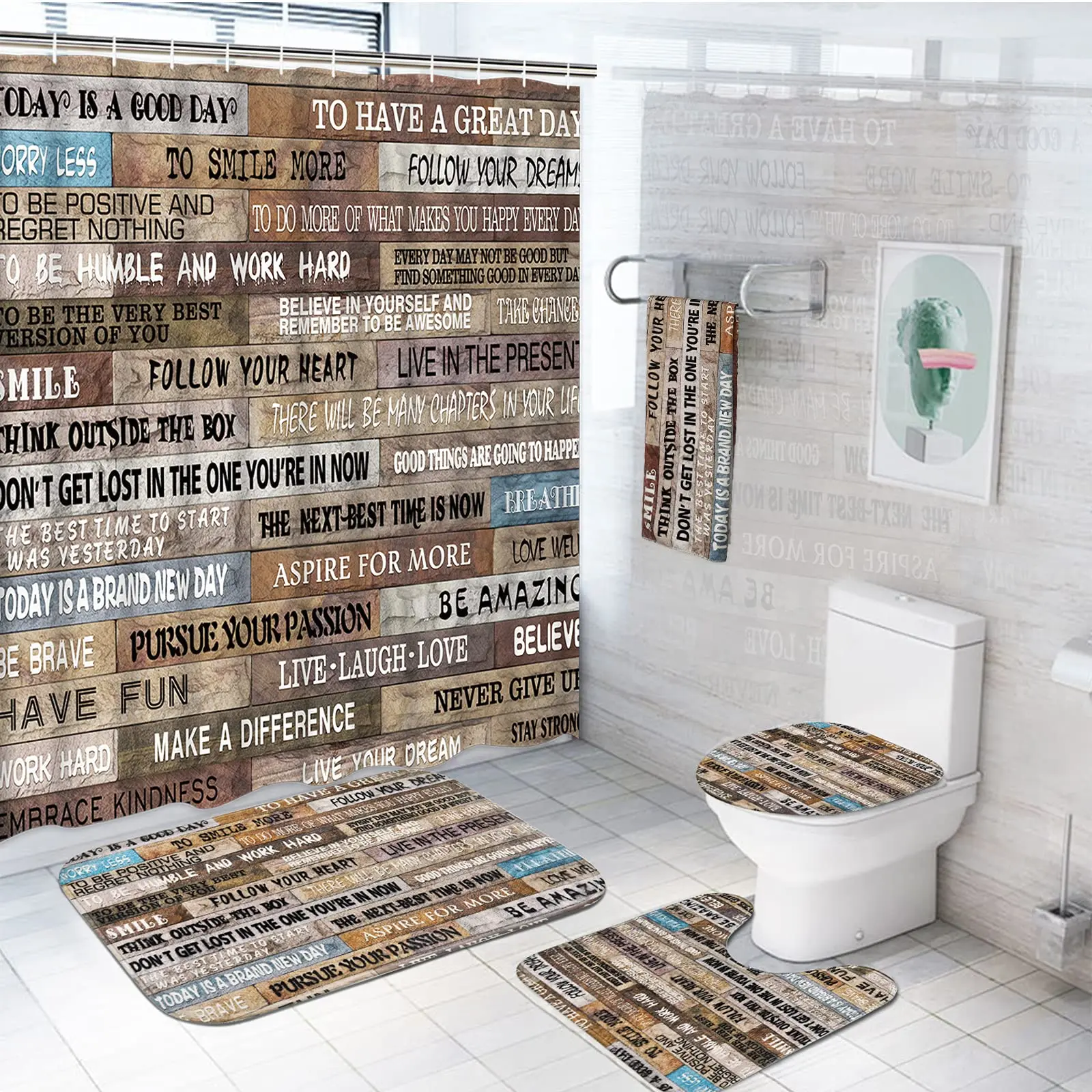 

Inspirational Quotes Shower Curtain Set Rug Toilet Lid Cover Bath Mat Vintage Rustic Bathroom Decor Set Waterproof Wooden Poster