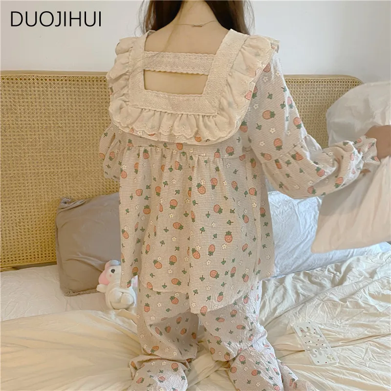 DUOJIHUI Two Piece Vintage Sweet Casual Home Pajamas for Women New Autumn Chicly Lace Simple Casual Fashion Female Pajamas Set
