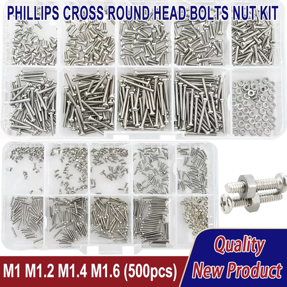 Stainless Steel Screws Screw Bolt Nut Set Screw Washer Nut Kit Small Screws Stainless Steel Glasses Watch Screw Nuts Set Phillips Cross Round Head Motherboard PCB Bolts Kit M1 M1.2 M1.4 M1.6