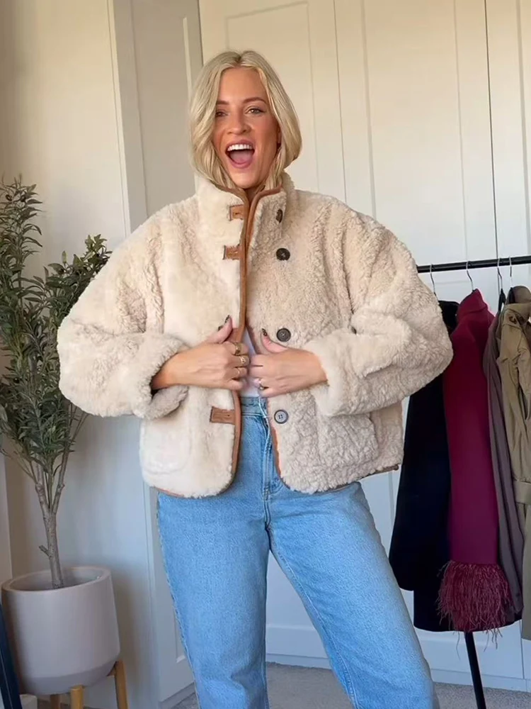 TFMLN Women's Reversible Jacket Coat 2025 New Winter Fashion Lambswool Short Jacket Casual Ladies Thick Warm Solid Outerwears