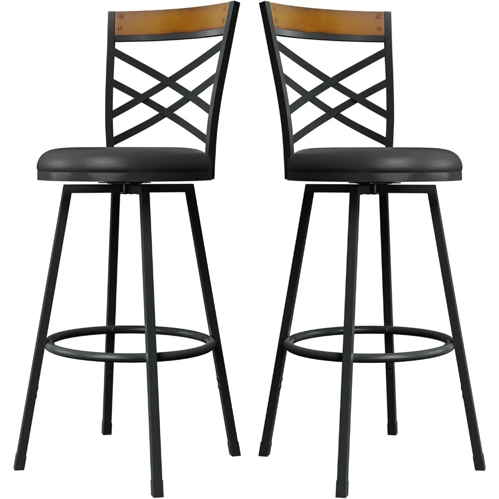 Customized.Black Bar Stools Set of 2 - Rustic Wood & Metal Swivel Barstools with Curved Backrest, 360° Rotation, Adjustable Heig