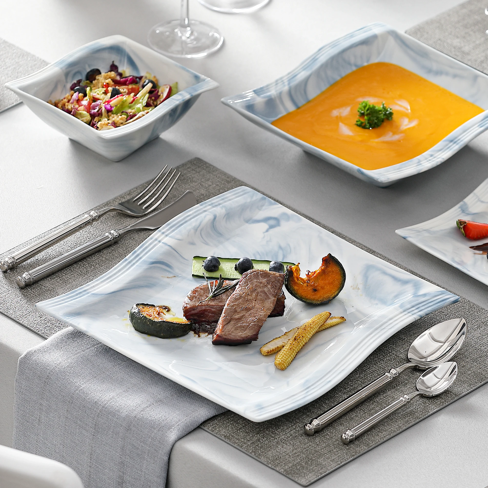 26pcs Nordic Marble Porcelain Tableware with Bowl Plate Soup Set