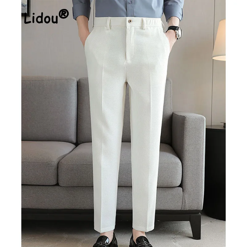 

Fashion Solid Color Zipper Button Business Pants Classic Pockets Casual Thin Slim Youth Straight Cylinder Male Trousers
