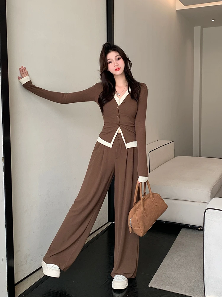 Autumn Casual Two-piece Pants Set Women Long Sleeves V-neck Single Breasted Top Wide Leg Pants Korean Fashion Outfits New
