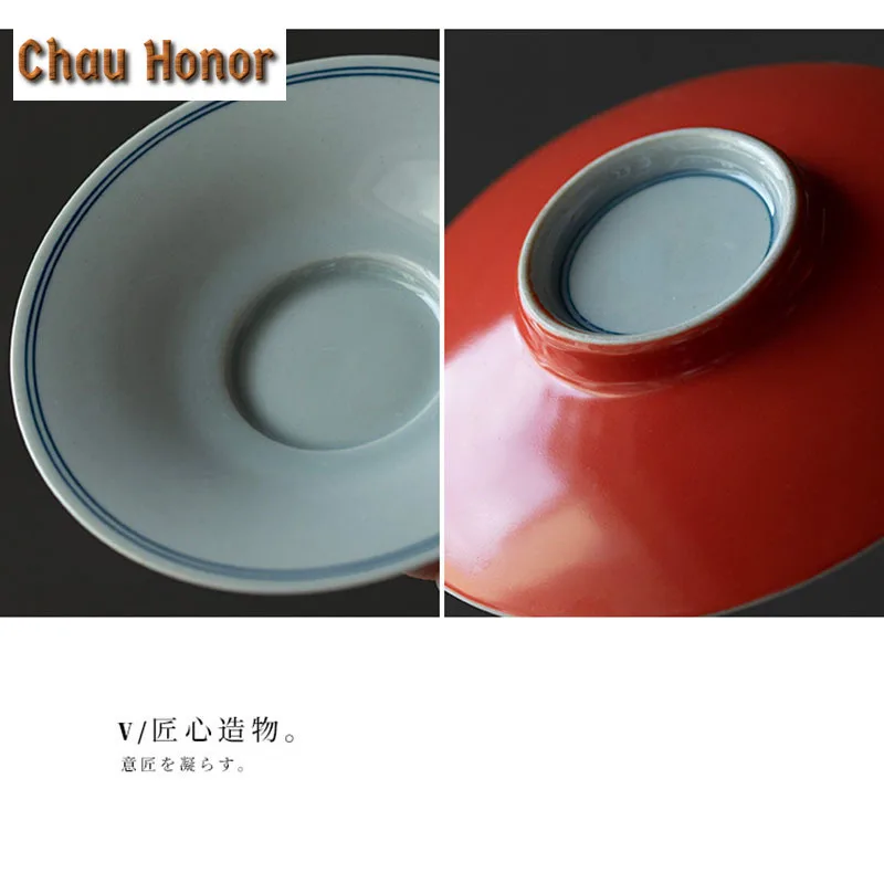 2pc/set Coral Red Glaze Round Teacup Coasters Hand Painted Double Line Heat Proof Mat Teacup Mat Ceramic Kung Fu Tea Ceremony