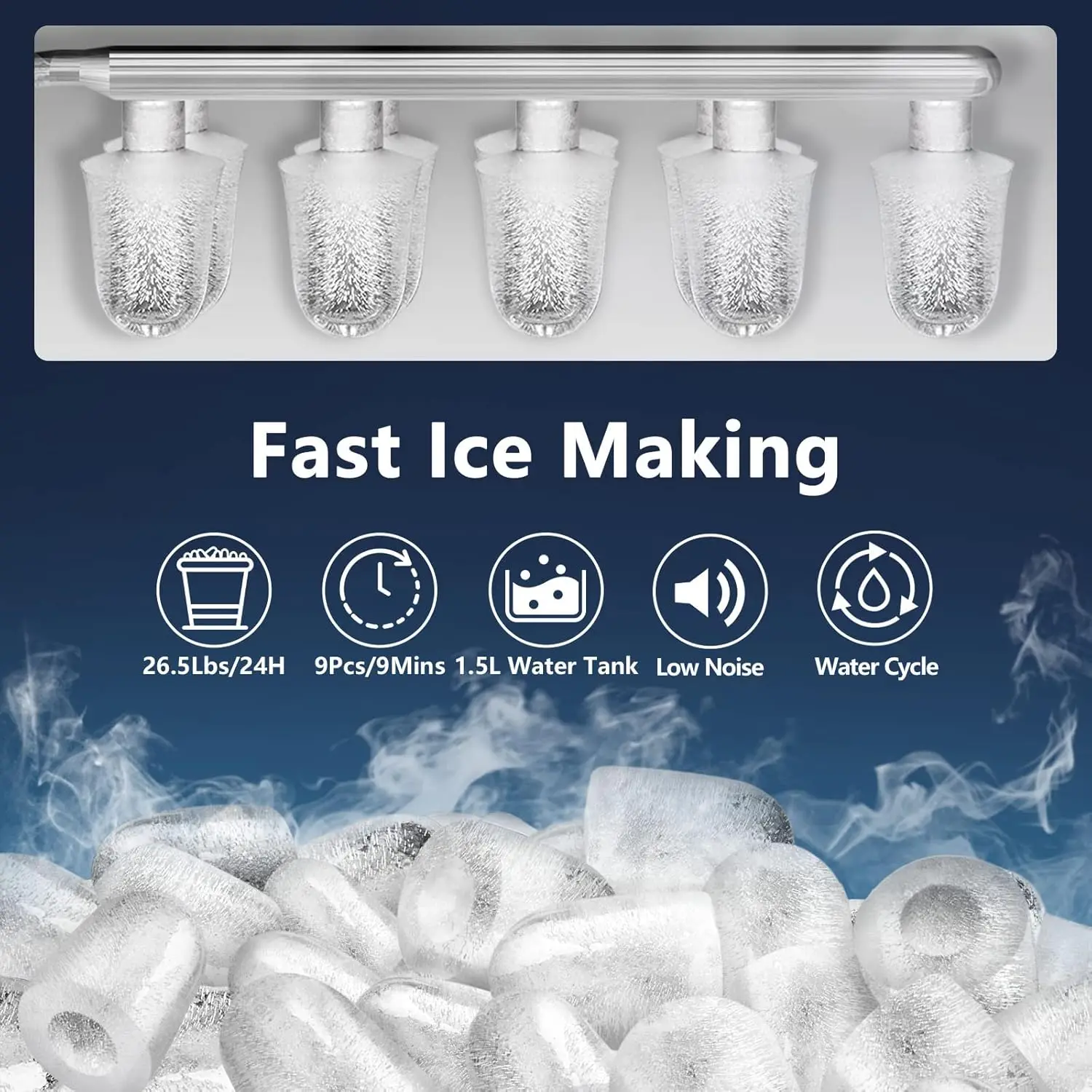 NEW Countertop Ice Maker, 9 Thick Bullet-Shaped Ice Ready in 6-9 Mins, 26.5 Lbs in 24Hrs, Portable Maker Machine White