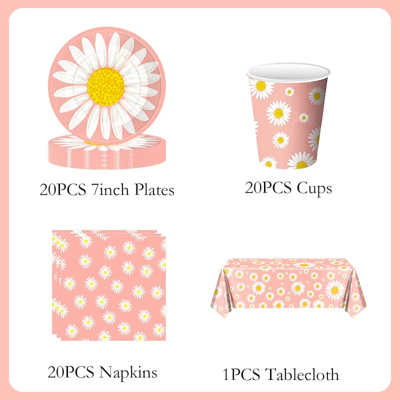 Gänseblümchen-Dekoration, Geburtstag, Geschirr, Strohhalme, Teller, Tasse, Serviette, Tischdecke, Ballon-Flagge für Mädchen, Gänseblümchen-Mottoparty, Hochzeitszubehör – Detail 3