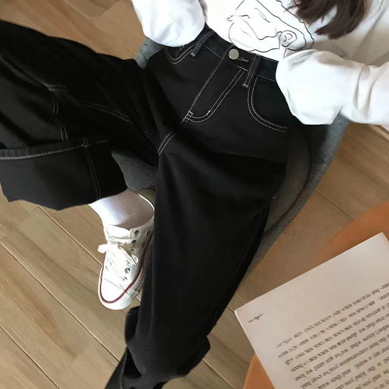 여성용 블랙 청바지 와이드 레그 스트리트웨어, 심플한 올매치 한국 패션, 인기 있는 젊은 용수철 하이 웨이스트 바지, 데일리 캐주얼 인스타