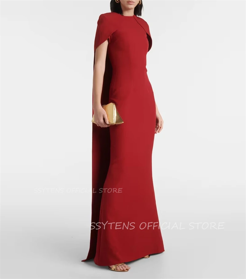 Chic Dark Red Long O Neck Mermaid Causal Prom Dresses Satin Cape Sleeves Formal Event Evening Party Gowns robes de soir&eacute;e Dress