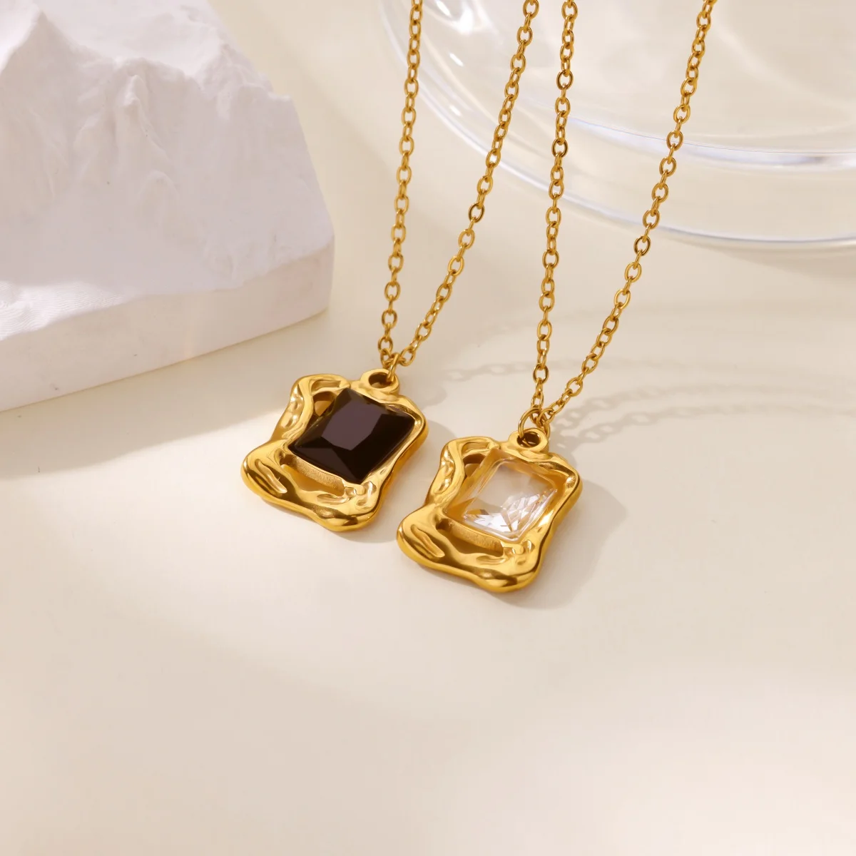 Zircon Square Pendant Necklaces 18K Gold Plated Stainless Steel Necklace