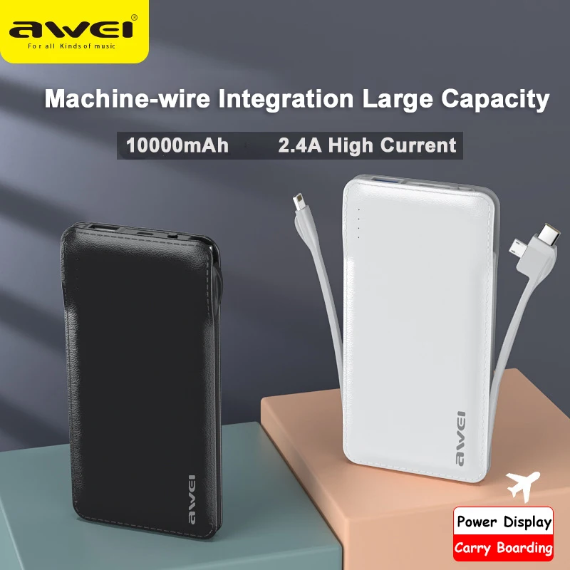 Awei P51K Portable Power Bank 10000mAh Fast Charging With Type-C Micro  Cable Business Style For Work Outdoor Travel Powerbank