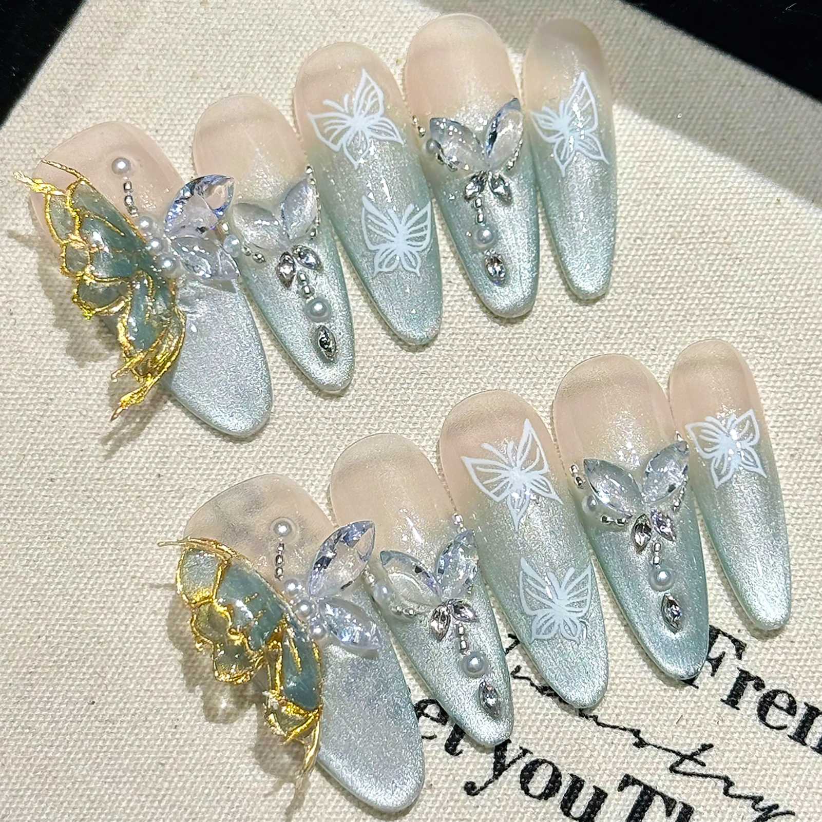 FrenchCatsEyePressOnAcyrlicNails3DCrystalButterflyHandmade