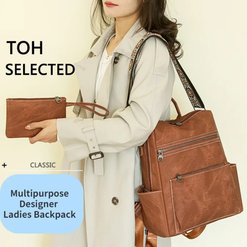 Zaino da donna multiuso alla moda Zaino retrò leggero per ragazze Borsa a tracolla a doppio scopo da viaggio per il tempo libero di grande capacità - immagine 3