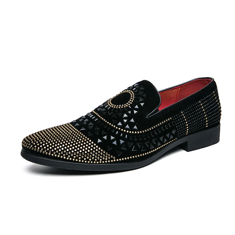 Brand Noble Black Rhinestone Men Dress Shoes Velvet Crystal Luxury Moccasins Mens Loafers Office Business Party Man casual Shoes 6