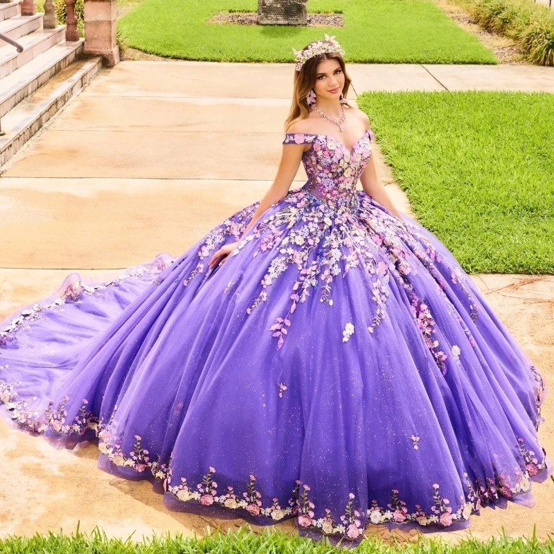 Lila glänzende Prinzessin Quince anera Kleider Ballkleid von der Schulter 3d Blumen Spitze Tull Korsett süß 15 Vestidos de XV Años