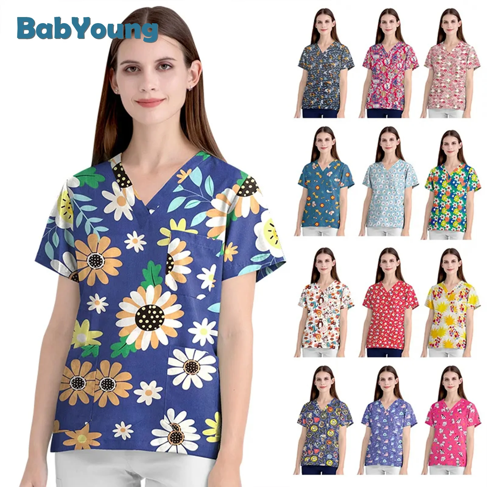 

High Cartoon Print Surgical Uniforms Phary Hospital Nurse Scrubs Tops Breathable Beauty Salon Dentistry Pet Doctor Overalls