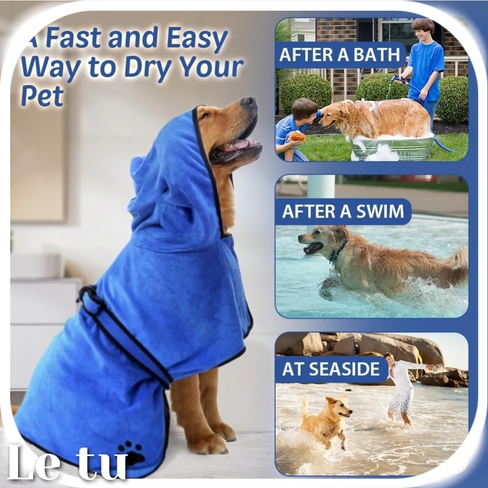 Dog Bathrobe Dog Towel Microfibre Material Fast Drying Cat Dogs Bath Robe  Adjustable Collar and Waist Pet Coat Honden Badjas