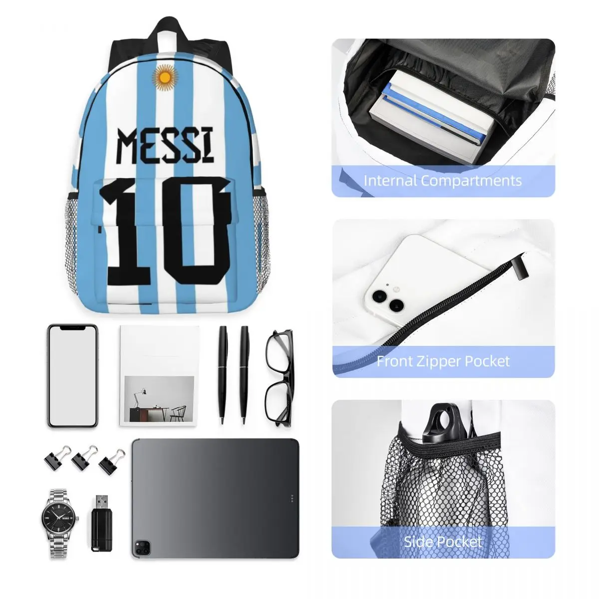 White-Blue Style Messi No.10 For Girls Boys Large Capacity Student Backpack Lightweight waterproof Backpack 15inch 5