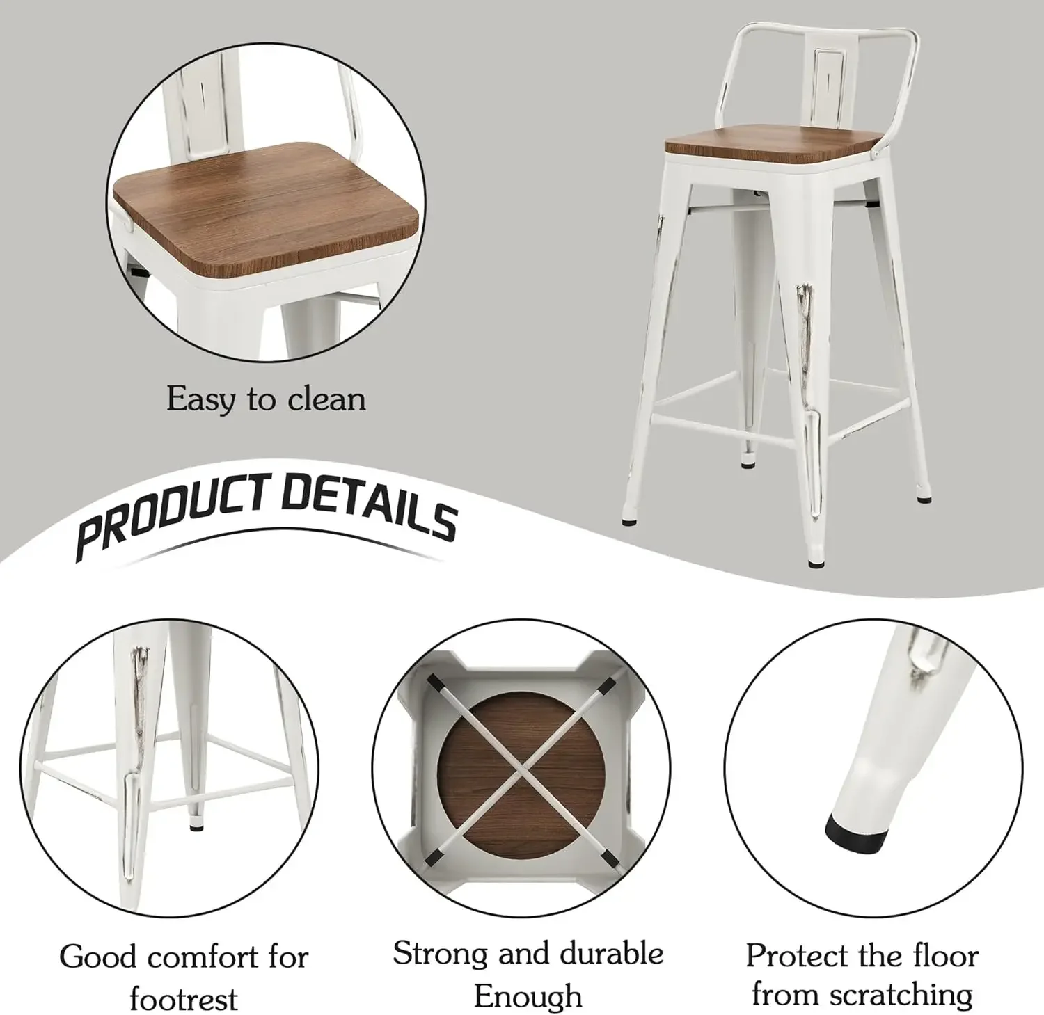 24" Metal Bar Stools Set of 4 Counter Height Barstools Industrial Counter Stool Kitchen Bar Chairs with Modern Wooden Seat