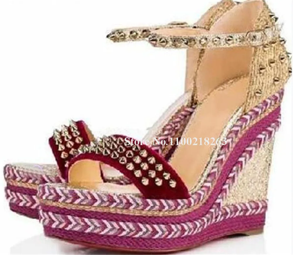 Designer Rivets Wedges Sandals Sexy Open Toe Metal Studs Black Gold Patchwork High Platform Plaited Spikes Wedges Wedding Heels