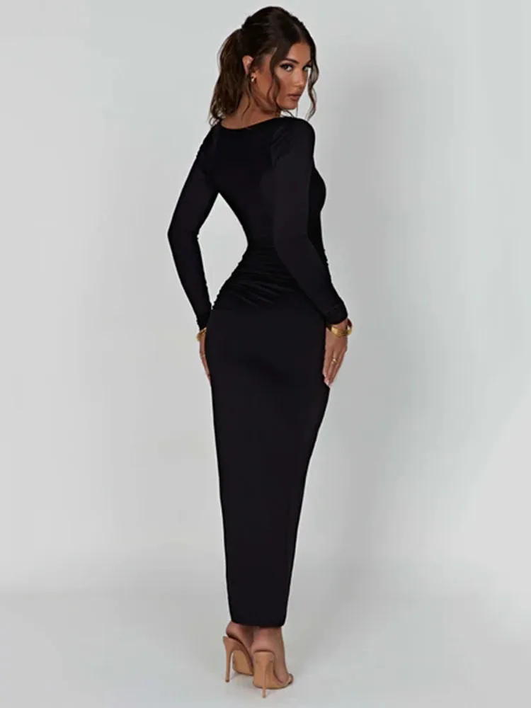 Sexy Bodycon High Split Drawstring Dress Women Long Sleeve Tight Evening Dress Party Female Elegant Maxi Dress AutumnNew