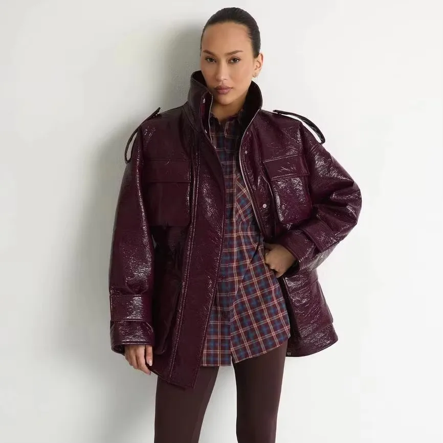 Women's Burgundy Faux Leather Jacket Zip Up High Neck Drawstring Waist Winter Warm Elegant Luxe Chic Outerwear