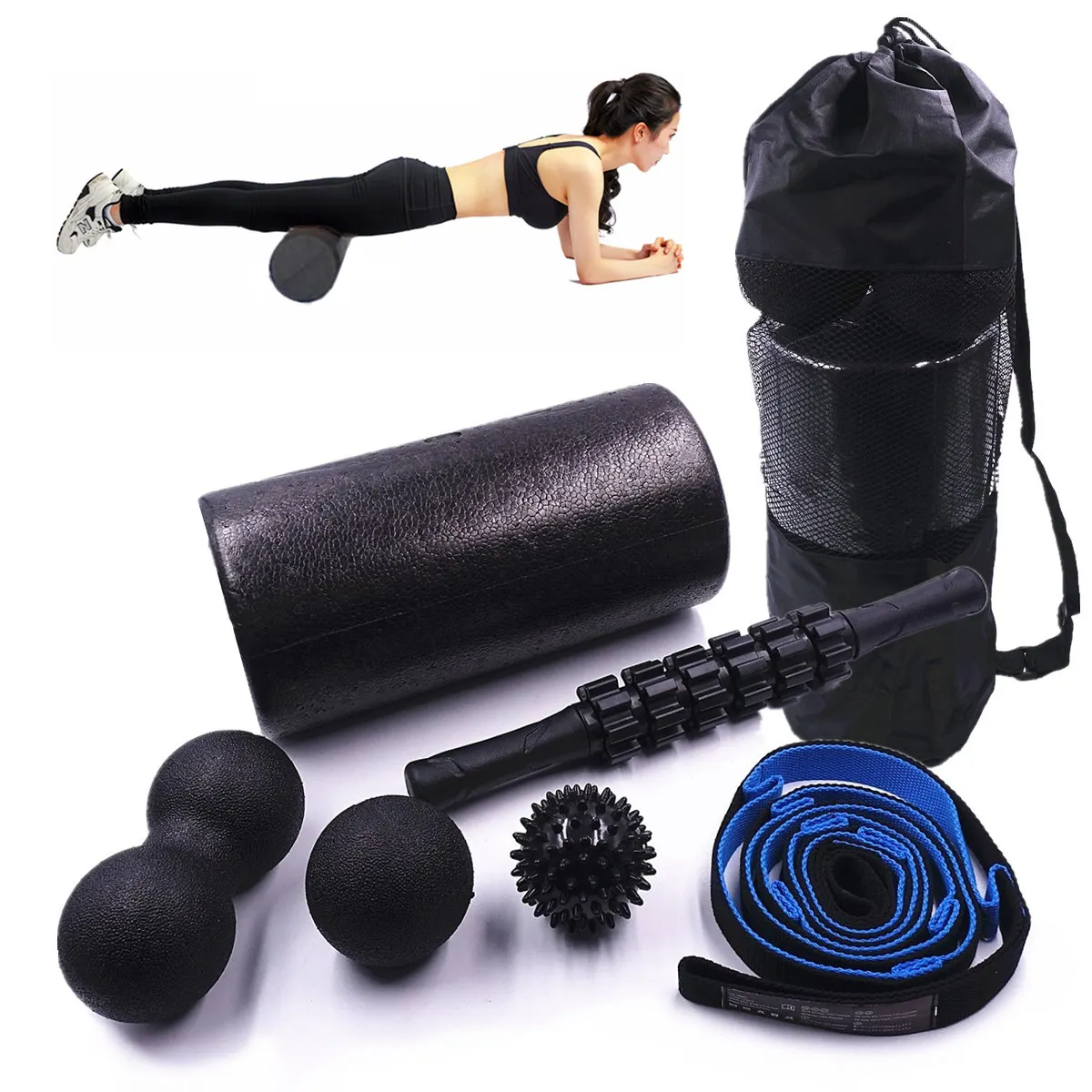 Black Generico 5 in1 Foam Roller Set Including Foam Roller with End Caps Double Peanut Massage Ball Muscle Roller Stick for Relief Muscle Soreness Stretching Strap and Lacrosse Ball 