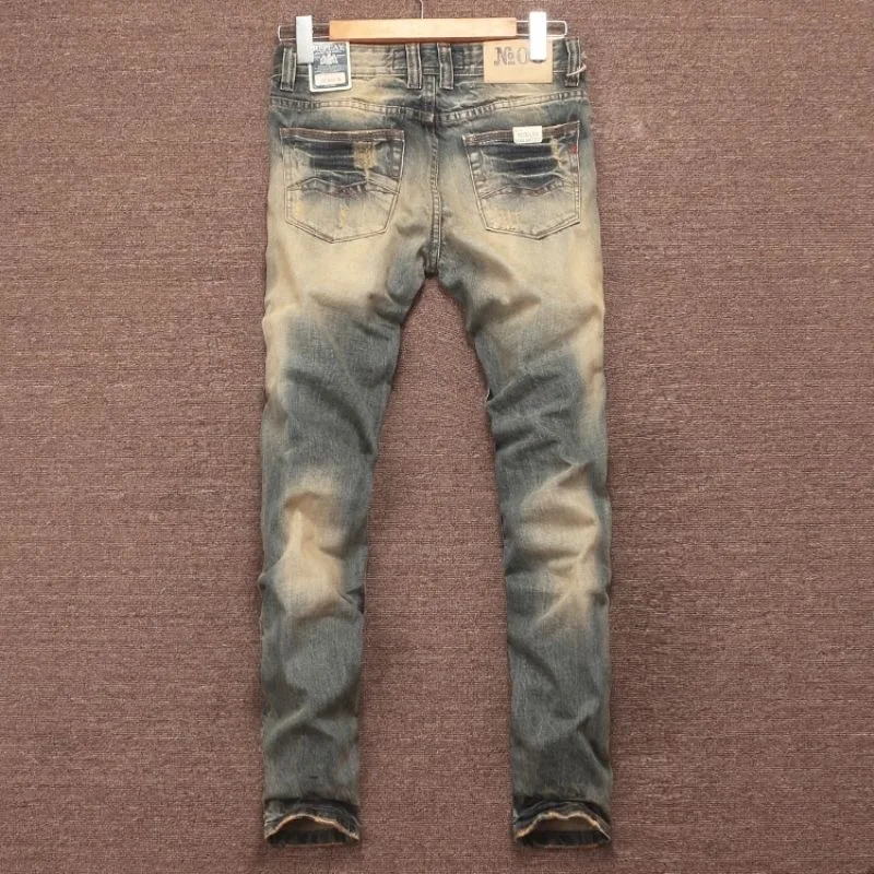 Men Jeans Ripped Jeans Ripped Patchwork Jeans Autumn and Winter Vintage Ripped Solid Color Small Foot Pants Men&rsquo;s Casual Comfort