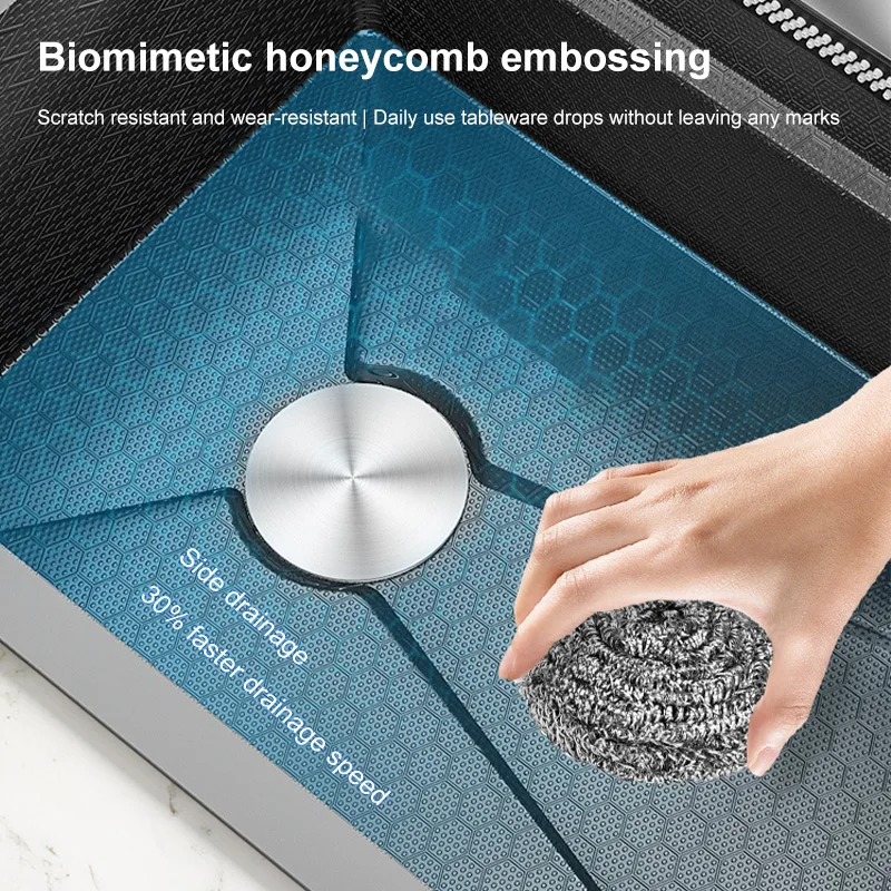 New Waterfall Sink Stainless Steel Kitchen Sink Large Single Household Washbasin Embossed honeycomb multifunctional sink