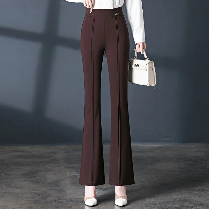 2025 Spring New Versatile High-waisted Fishtail Flare Pants Women, Coffee Elastic Waist Elastic Commuter Casual Trousers Femme 4
