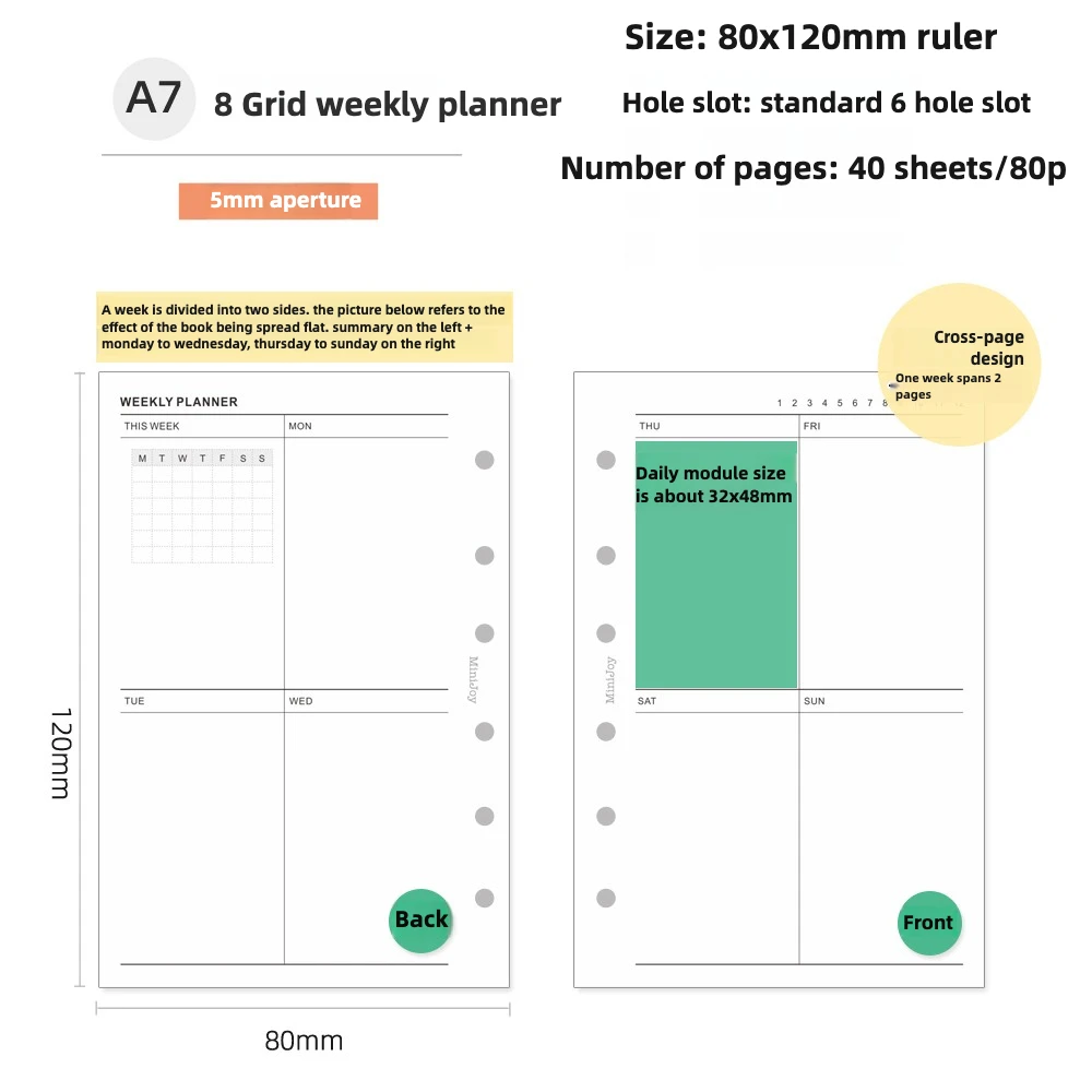 Minimalist Grid Weekly Planner Refill - Loose Leaf Notebook Journal Stationery Supplies
