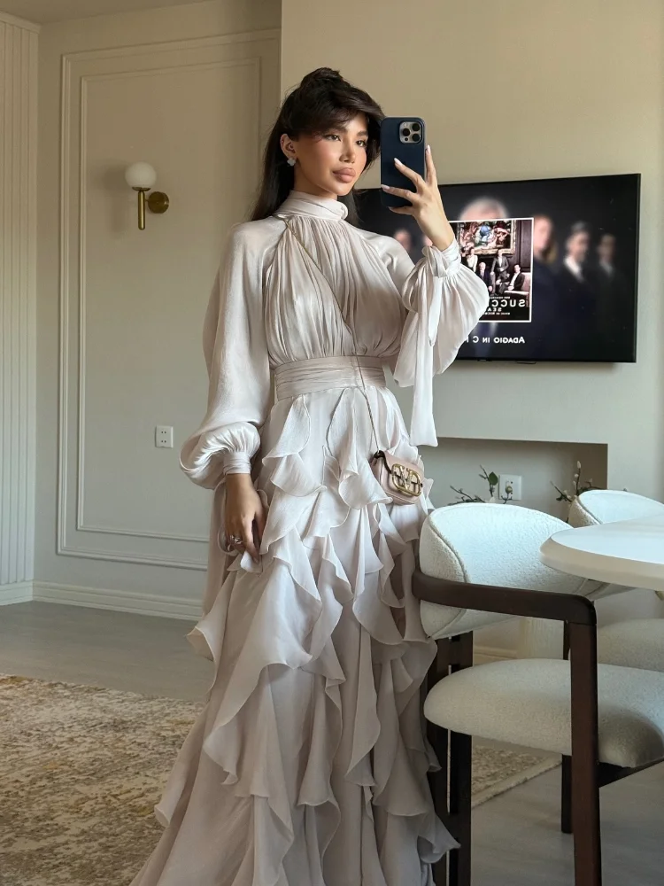 Evening Party Pleated Multi-layer Ruffles Floor Dresses For Women Fold Long  Sleeve High Waist Lace Up Collar Dress Autumn Robe - AliExpress 200000345