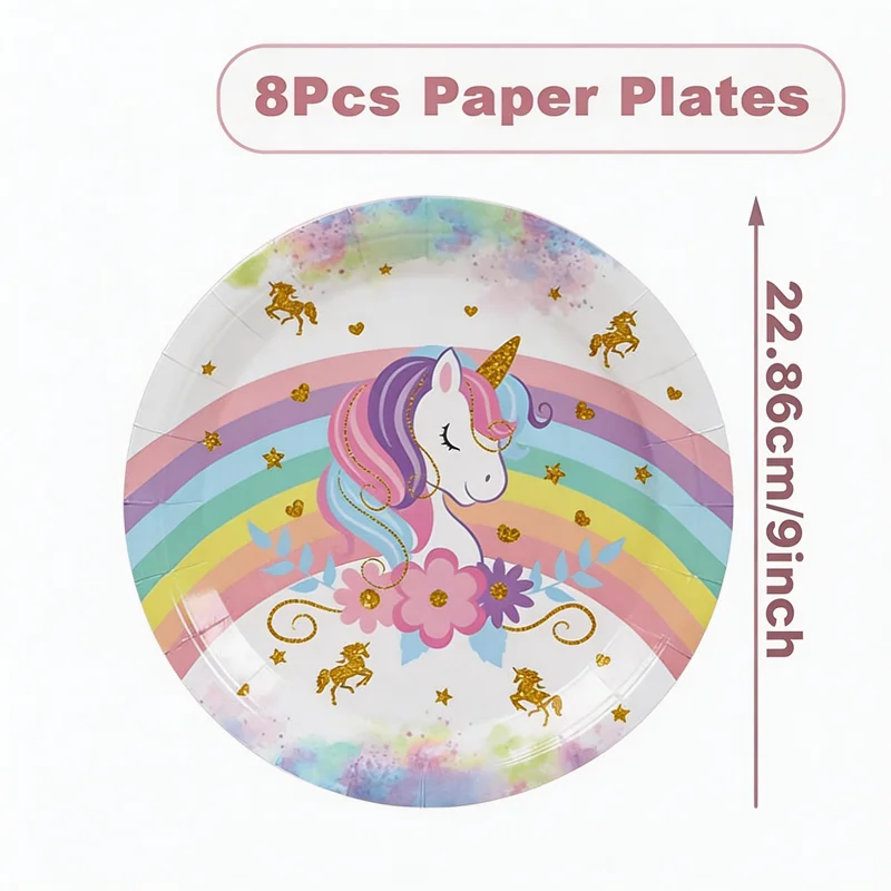 Einhorn-Party-Dekoration Pappteller Becher Servietten Tortendekoration 3D-Ballons Regenbogen-Einhorn Geburtstags-Party-Geschirr-Set für Kinder – Detail 7