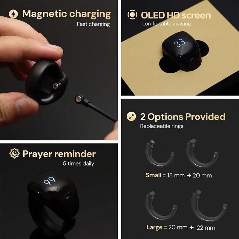 Smart Tasbih Zikr Ring Misbah Praise Tally Digital Counter for Muslims Prayer Reminder Wireless Magnetic Charging Waterproof 5