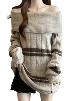 plus Size Stripe Knit Sweater oulder Bared Mid-Length Cover Butt Women's Loose Fit Comfortable Autumn Winter Faion Top