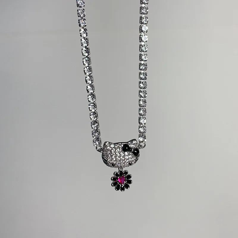 Kawai Hello Kitty Necklace Sanrio Sweet Full Diamond Hello Kitty Flower Necklace Fashion Couple Jewelry Girl Festival Gift