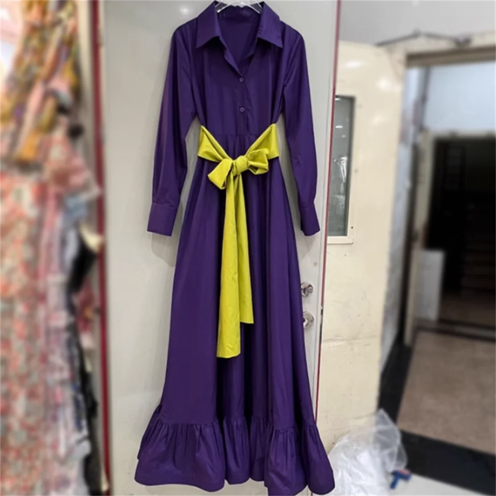 purple-shirt-collar-long-dress-hit-color-belt-waist-dress