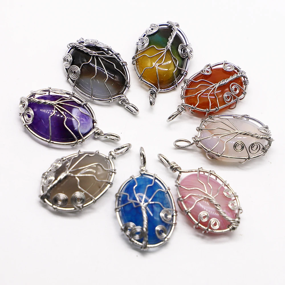 Fashion Natural Gem Stone Pendant Necklace Silver Color Tree of Life Wire Wrap Egg Shape Charm Reiki Onyx Jewelry Wholesale 6Pcs