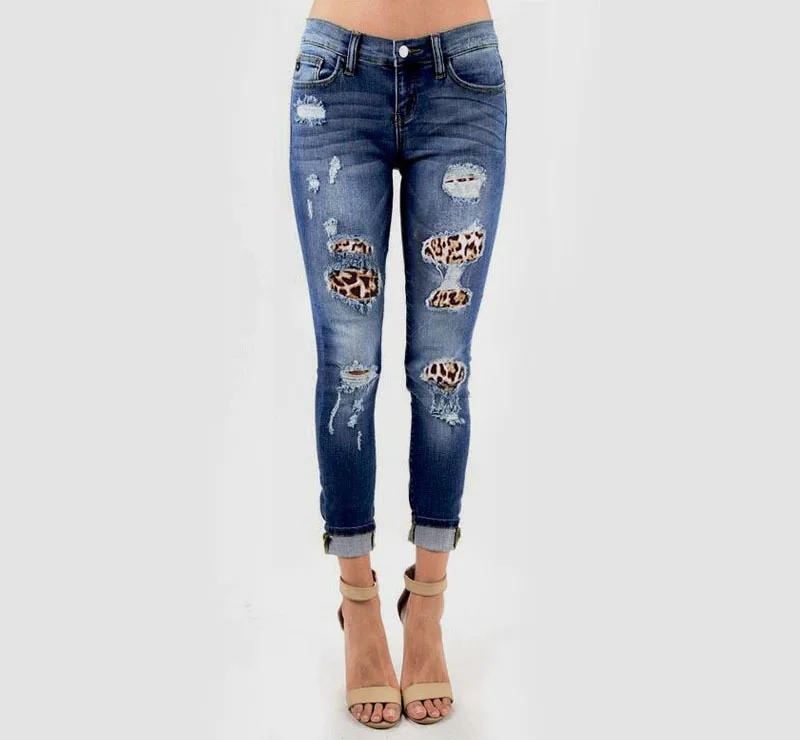 black ripped jeans Mid-waist Denim Trousers Women Fashion Leopard Patchwork Pencil Pants Hole Ripped Washed Denim Pants Women Stretch Jeans Femme purple brand jeans